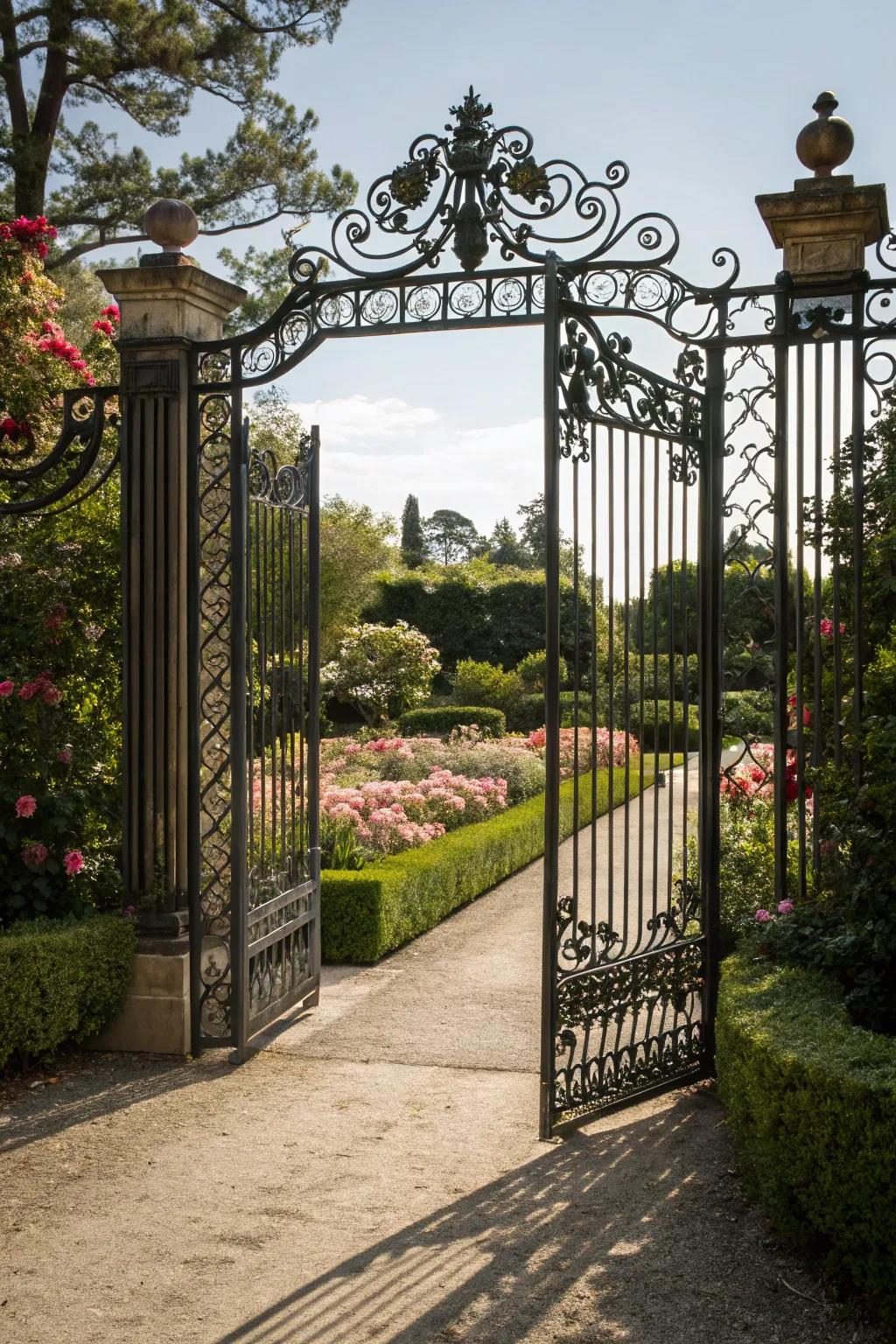 Wrought iron gate marries finesse with enduring resilience.