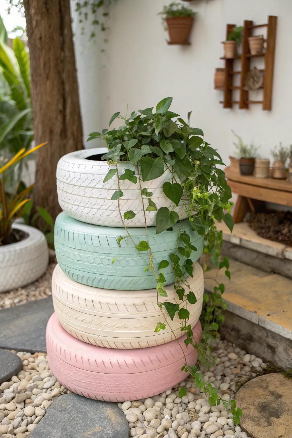 Breathe new life into your garden with a chic upcycled tire plant stand – a perfect blend of color and simplicity!