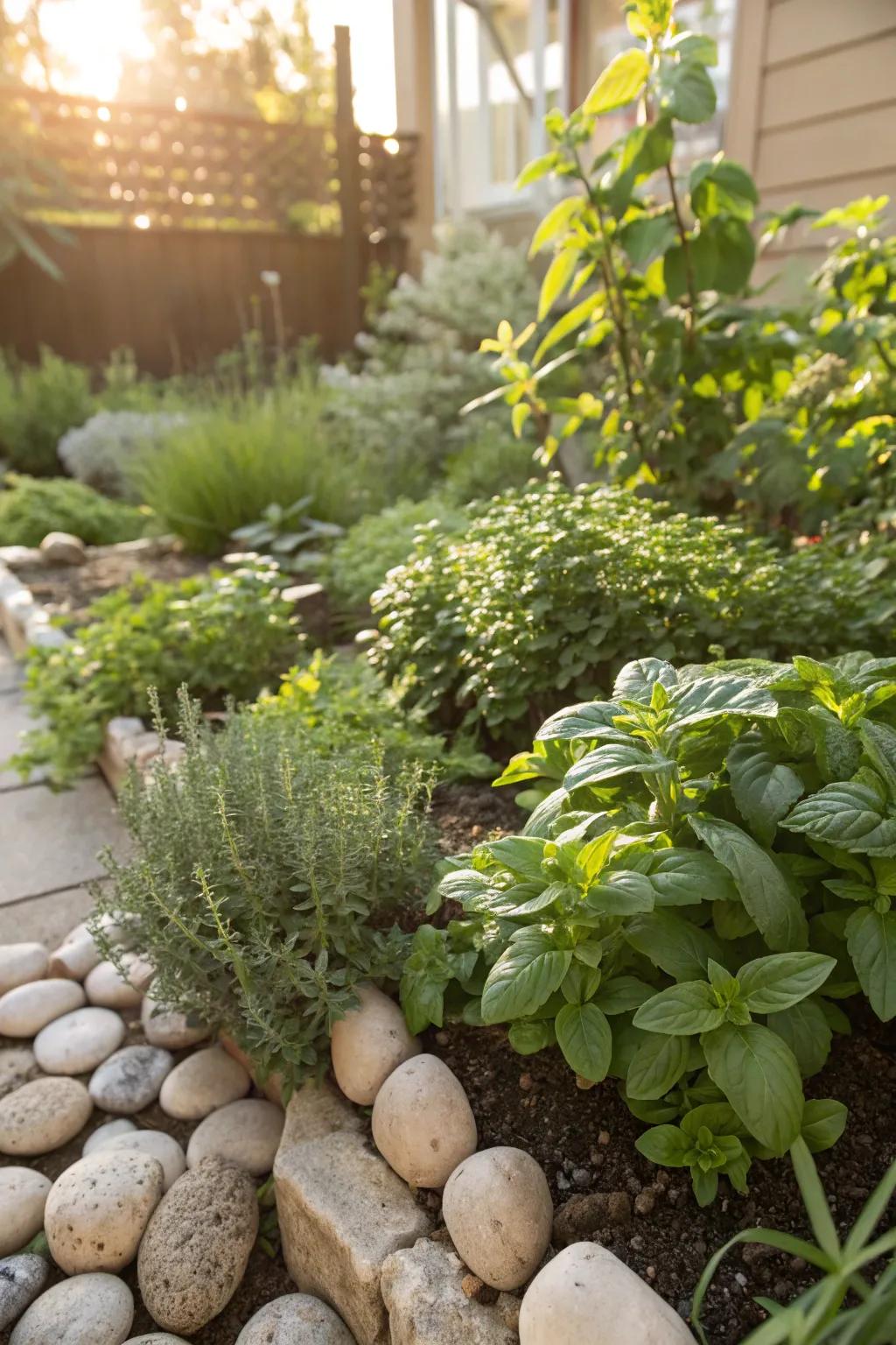 Boulders in an herb garden engendering warmth and visual appeal.