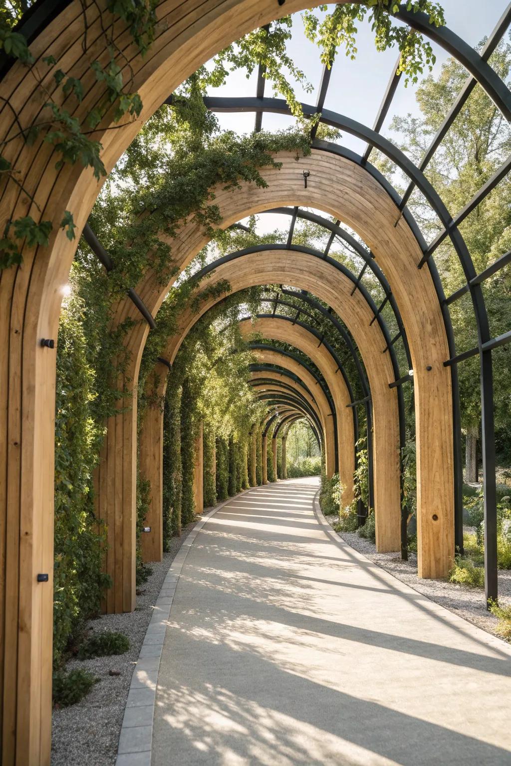 Discover the magic of mixed materials with this stunning garden tunnel, where wood and metal unite in perfect harmony.