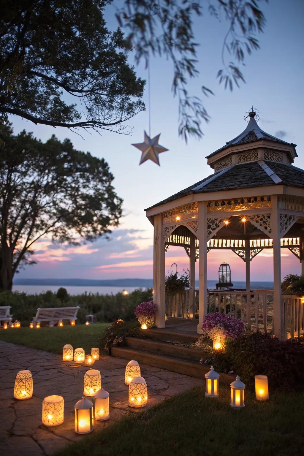 Lanterns cast a romantic glow around this charming gazebo.