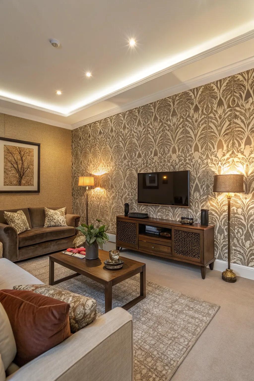 A statement wall defines and elevates the room's style.