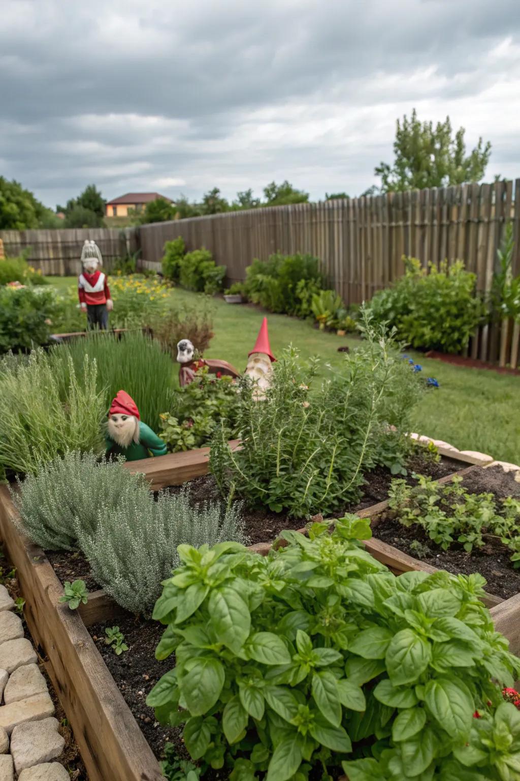 A herb gnome garden that blends beauty and utility.
