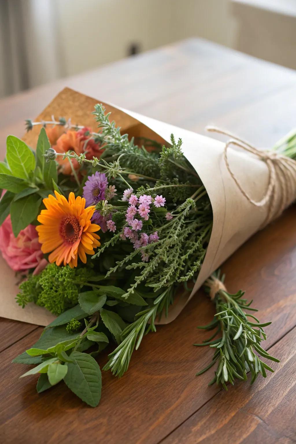 A revitalizing herb and bloom bouquet for a fragrant celebration.