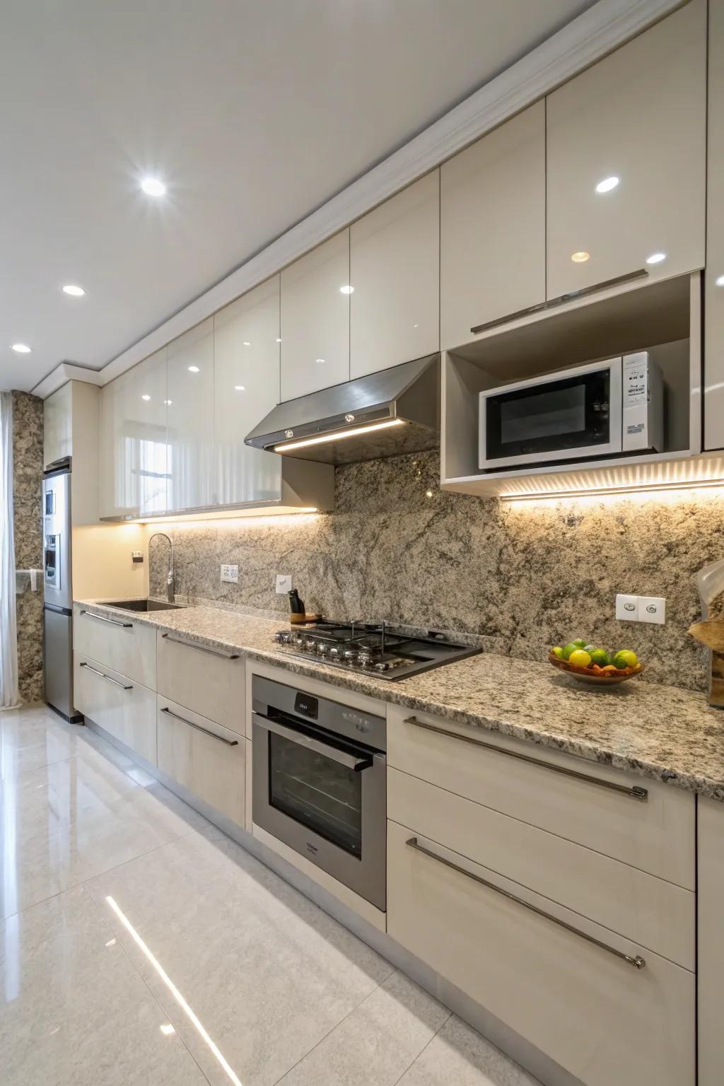 Coordinating granite splashes enhance culinary cohesion.
