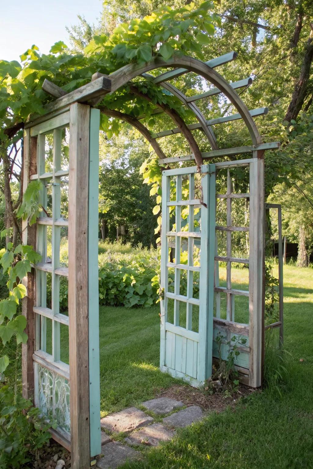 Transform your garden with whimsical charm using recycled windows for a unique arbor design.