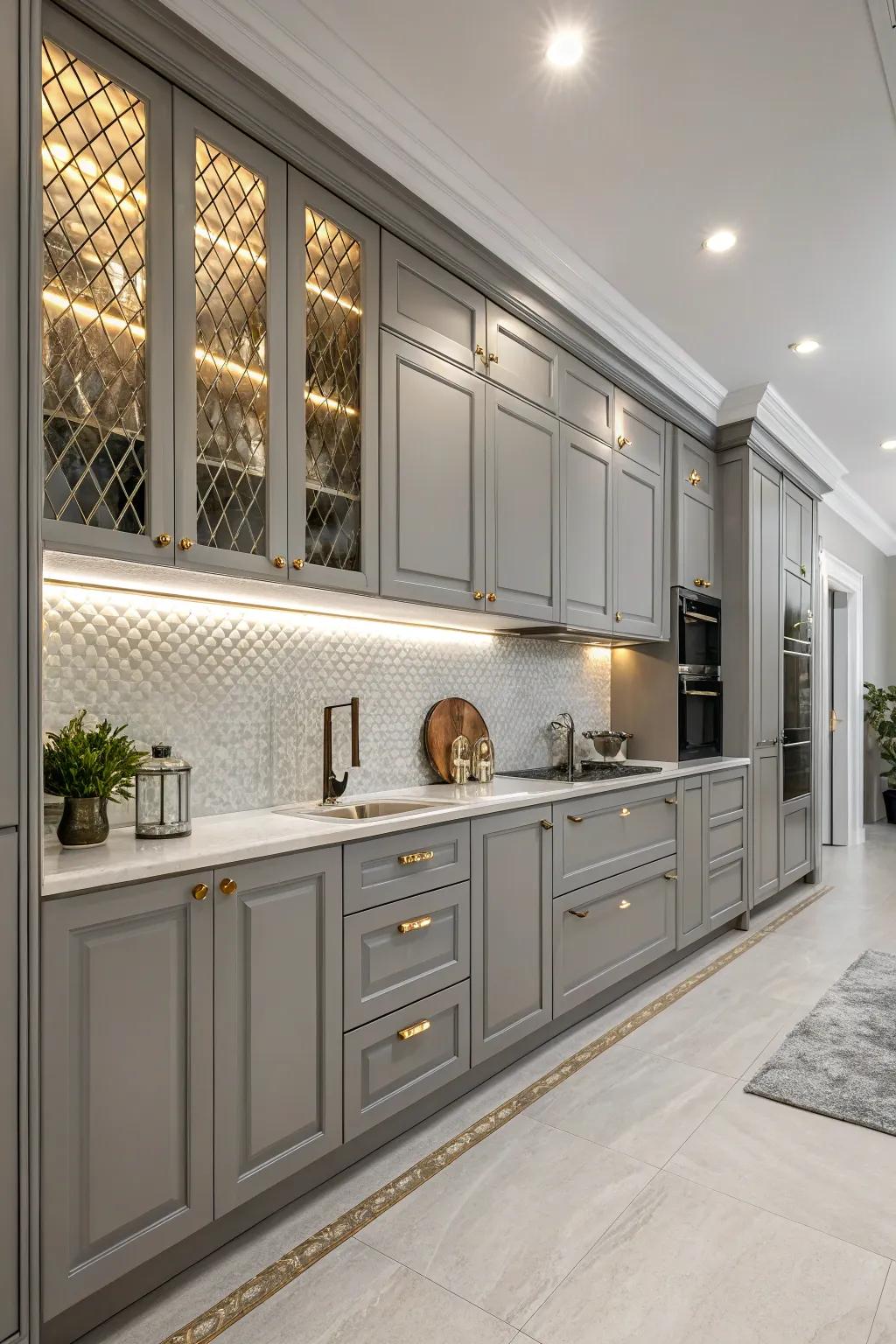 Glimmering ornaments inject a contemporary edge into gray cabinets.