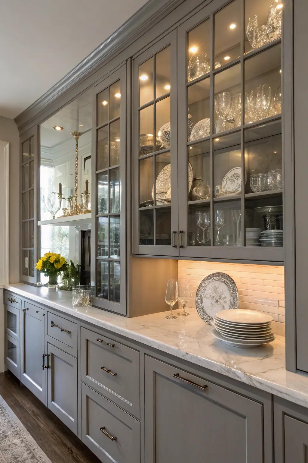 Glass-front cabinets add openness and flair to gray cabinetry.
