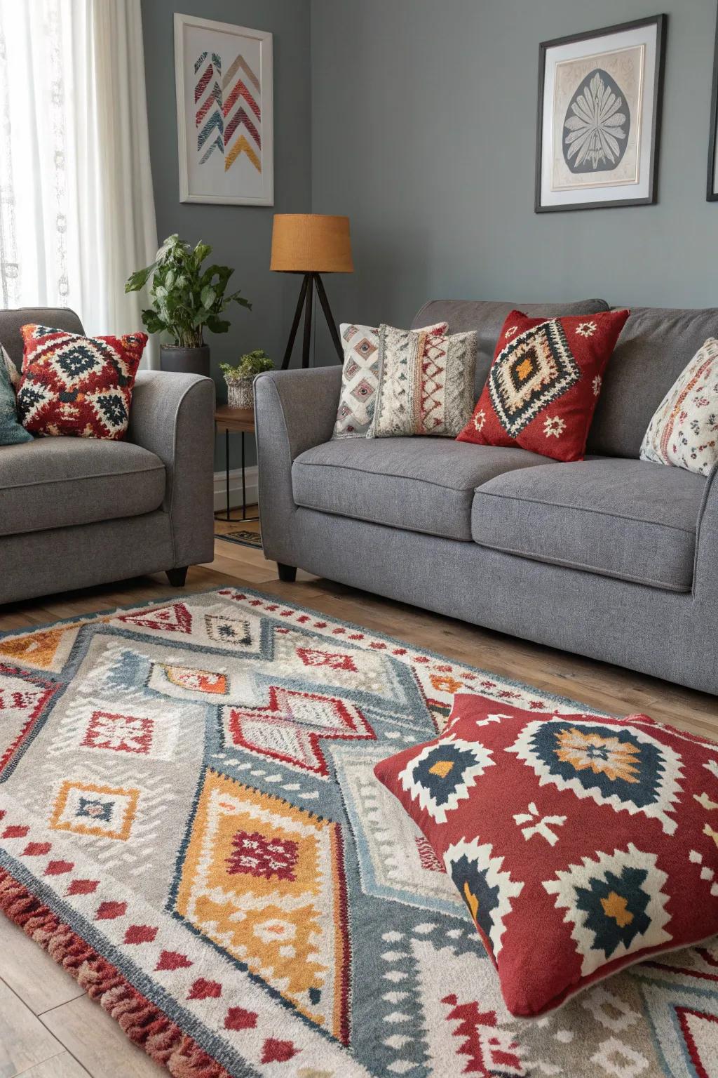 Dynamic patterns contribute playful energy to gray interiors.