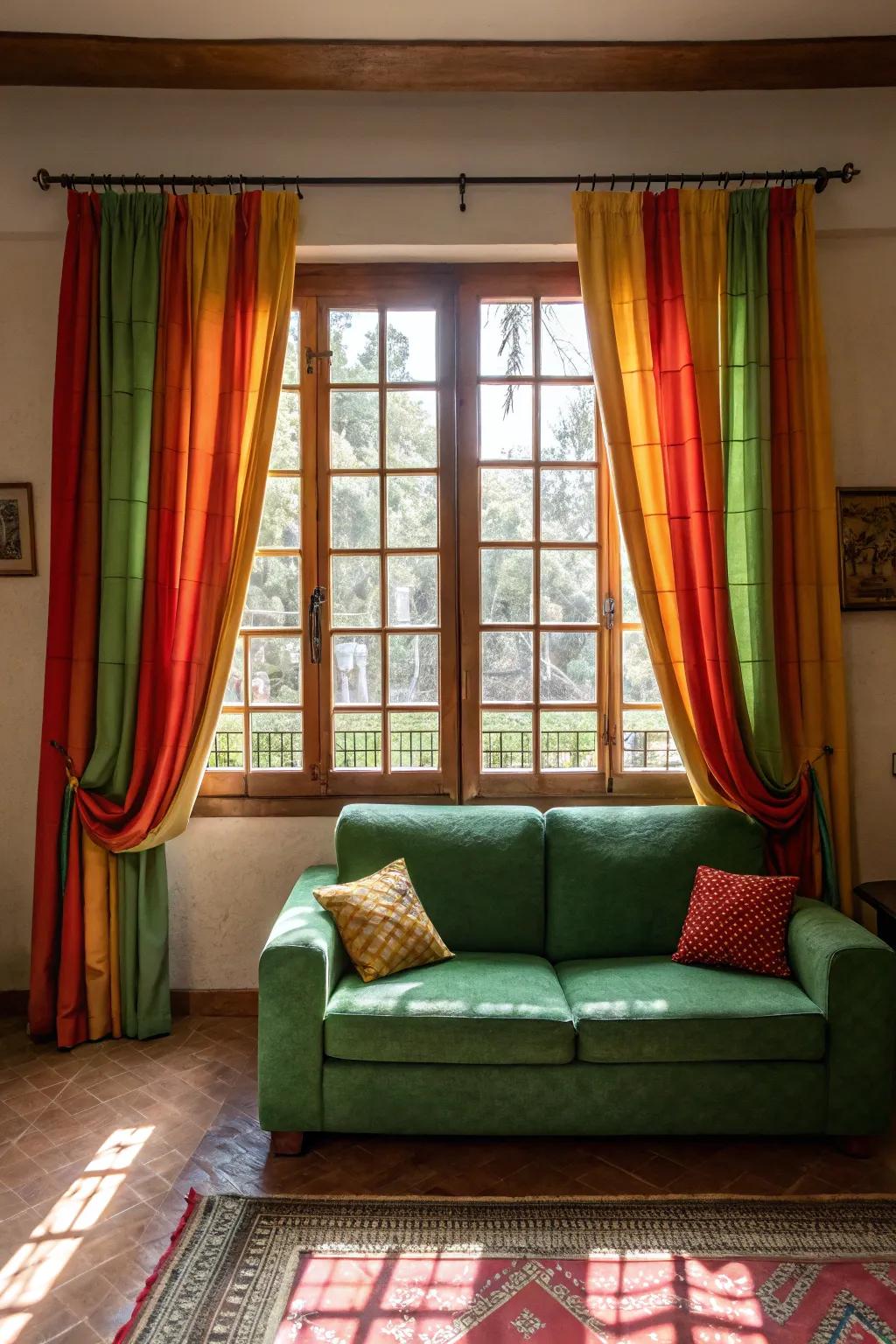 Bold curtains create a dramatic and eye-catching effect in a room with a green couch.