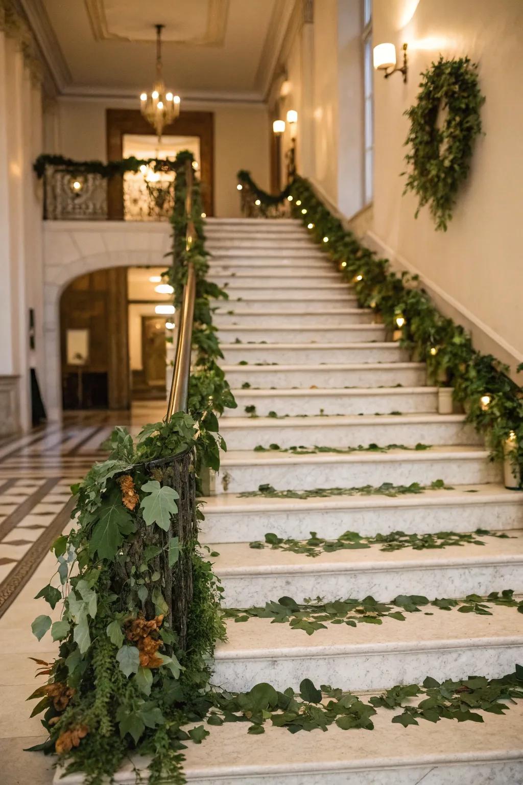 Foliage strands transform stairways toward an abundant escape.
