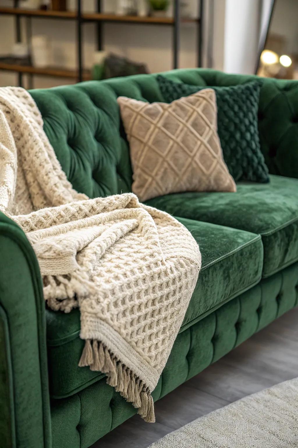A snug living space showcasing an emerald plush sofa and layered textured throws.