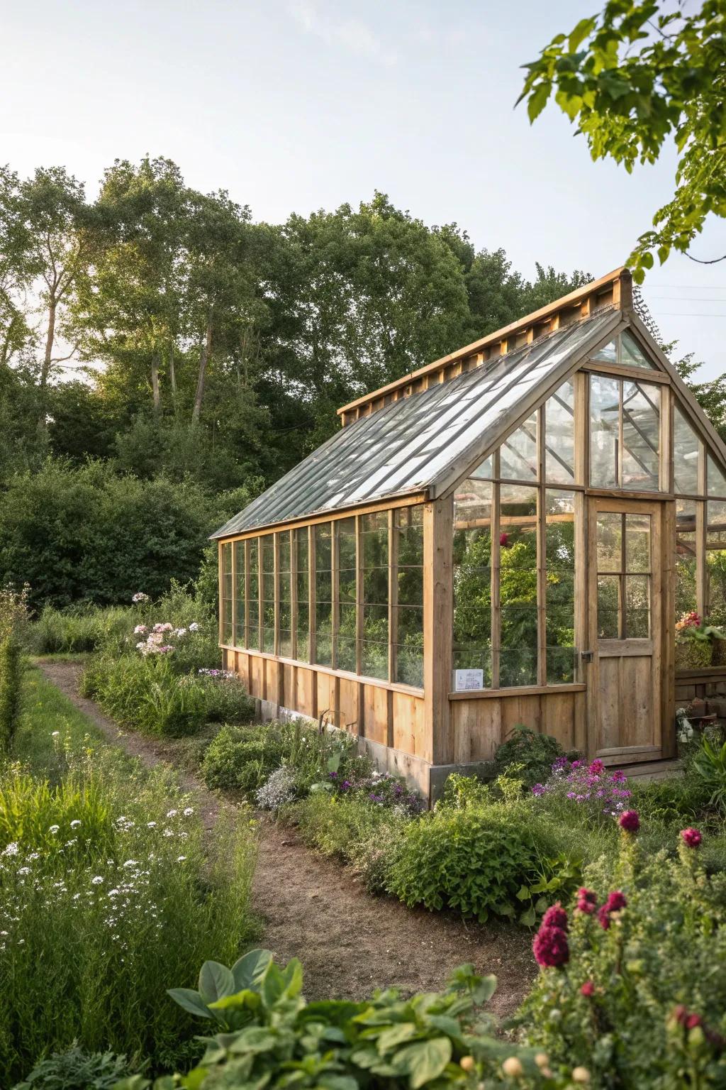 A greenhouse constructed with eco-friendly, lasting materials.