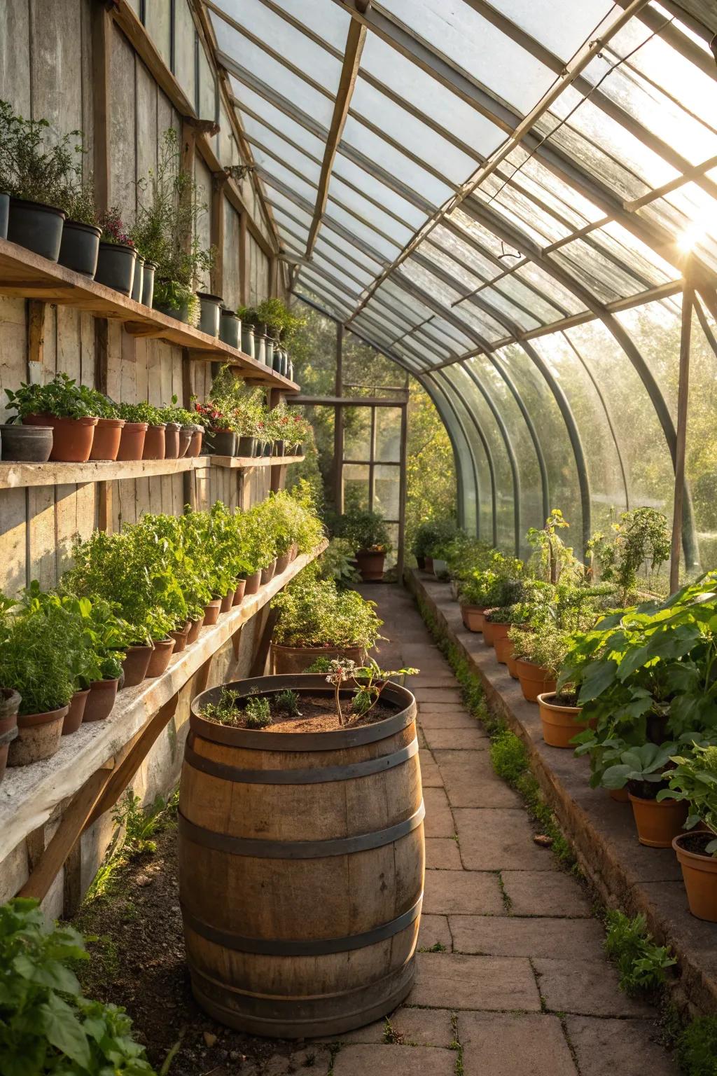 Rustic keg shelving blends charm with practicality.