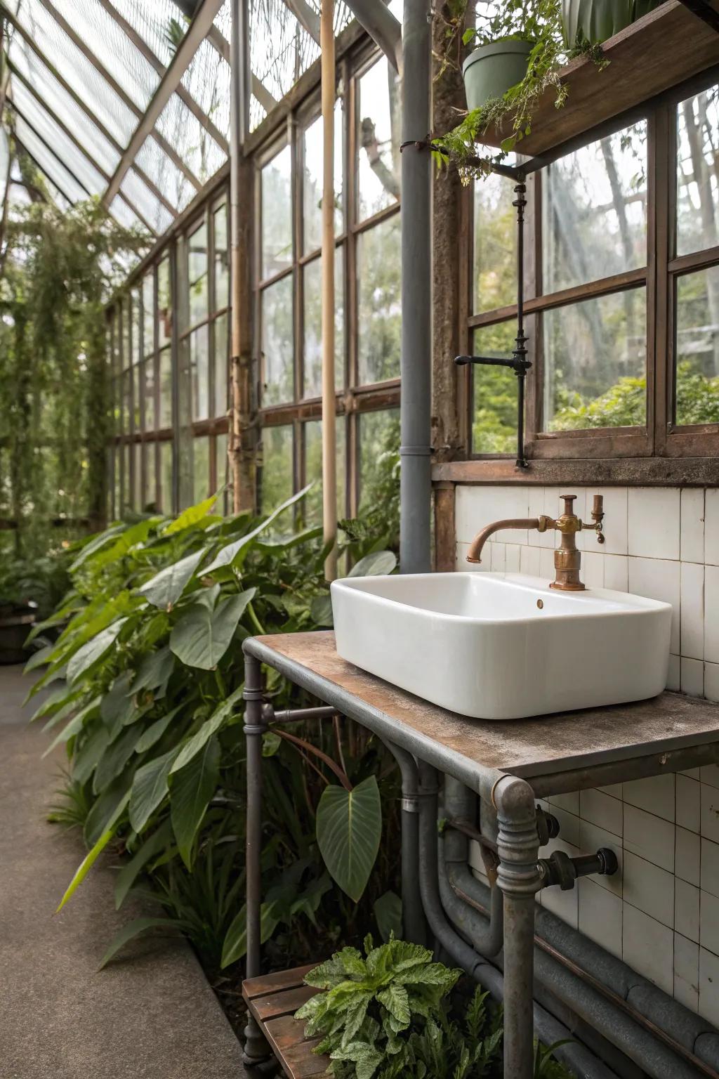 An urban style sink brings a modern edge to greenhouse decor.
