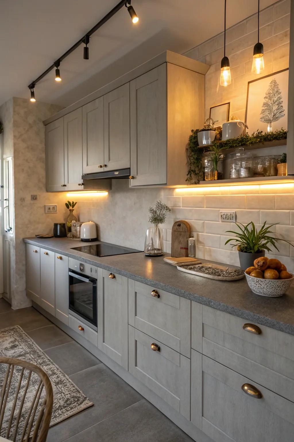 Warm lighting enhances the elegance of grey worktops.