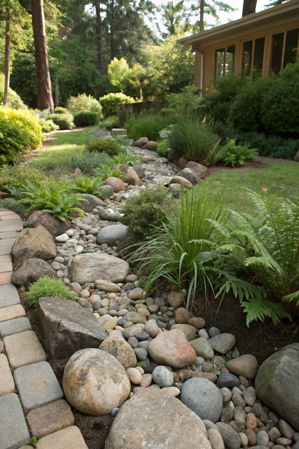 Transform your garden with a stunning dry creek bed that combines functionality with natural beauty.