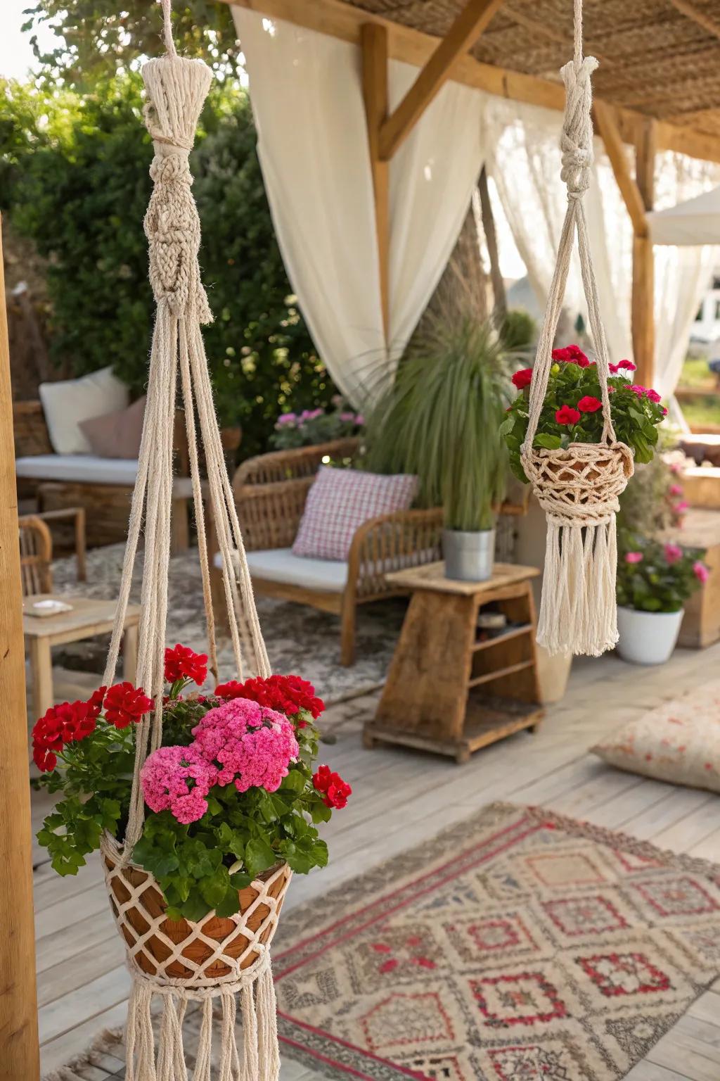 Knotted textile hangers bring a boho vibe to blooms.