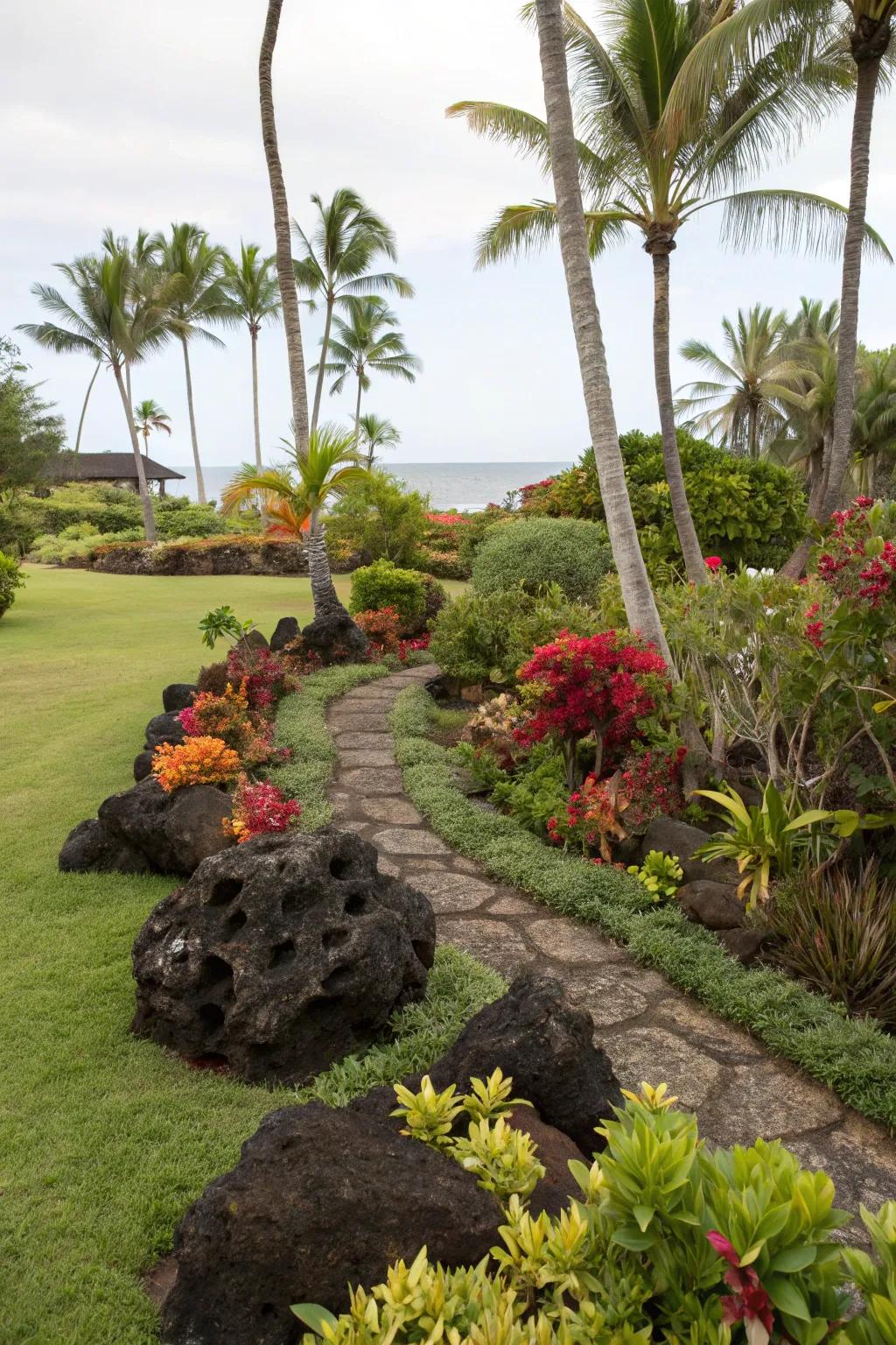 Lava rock adds a dramatic and authentic Hawaiian touch.