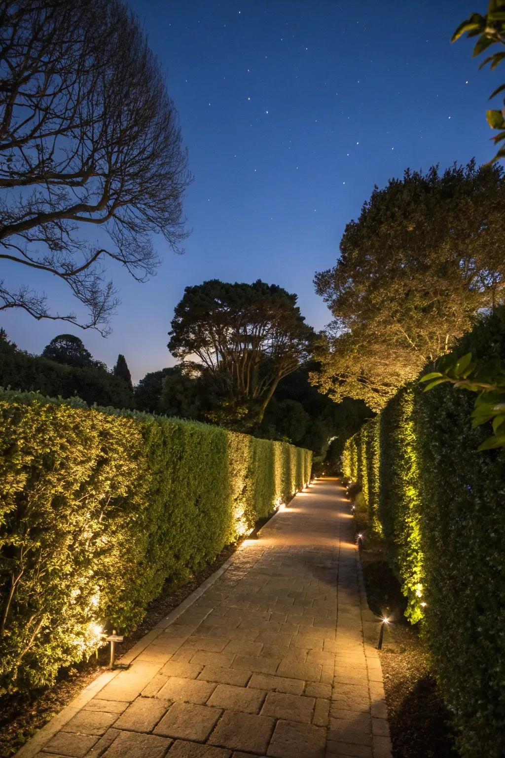 Hedges with integrated lighting create a magical atmosphere