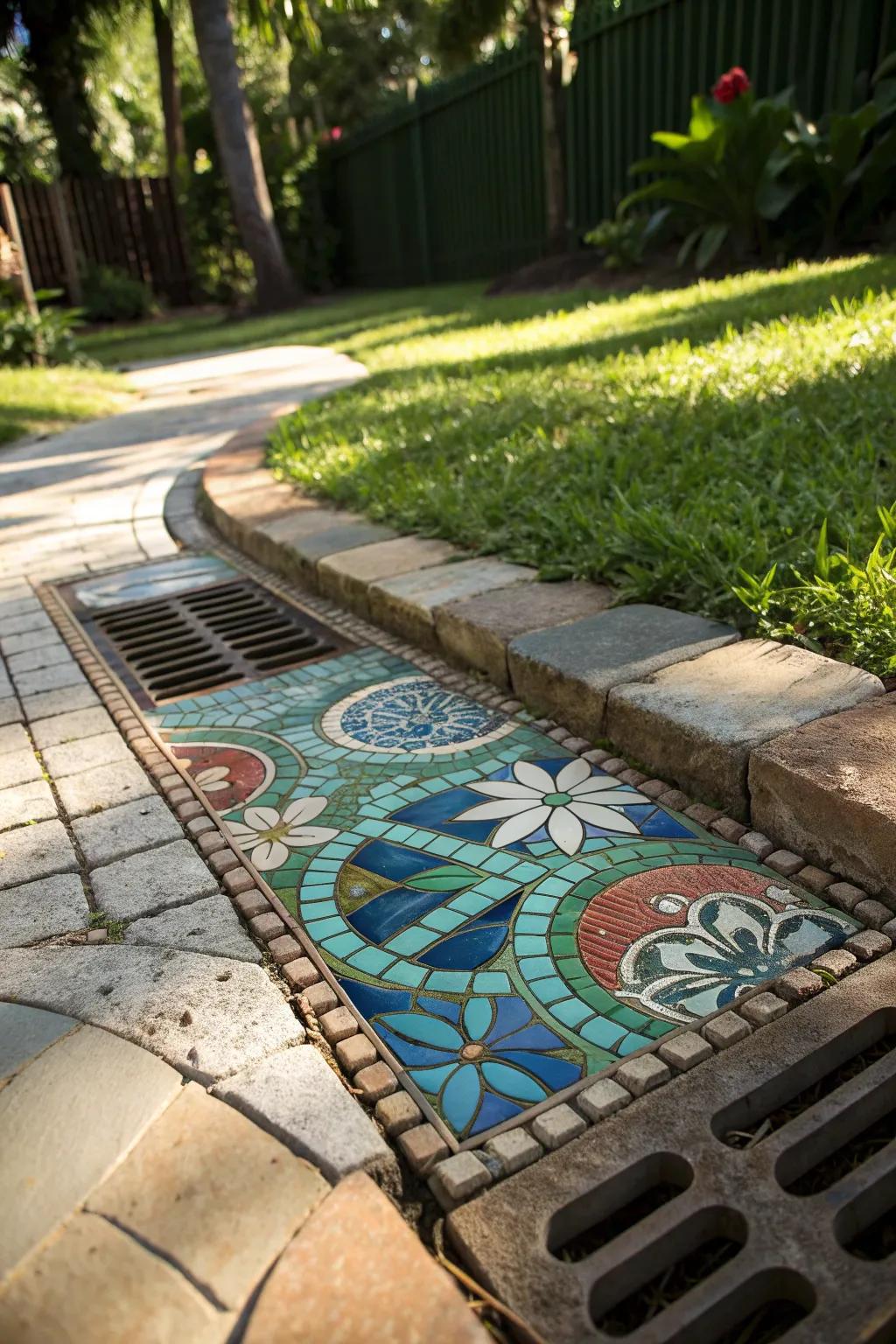 Transform your backyard with a stunning mosaic tile masterpiece, turning a storm drain into a unique garden feature.