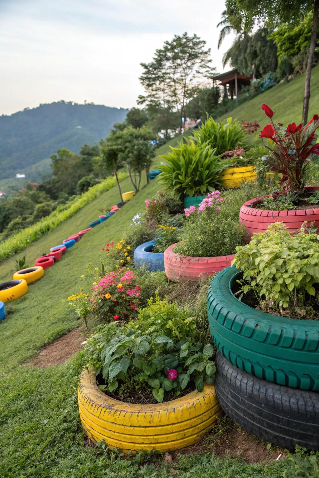 Old rims make creative and eco-friendly soil beds for hillside gardens.