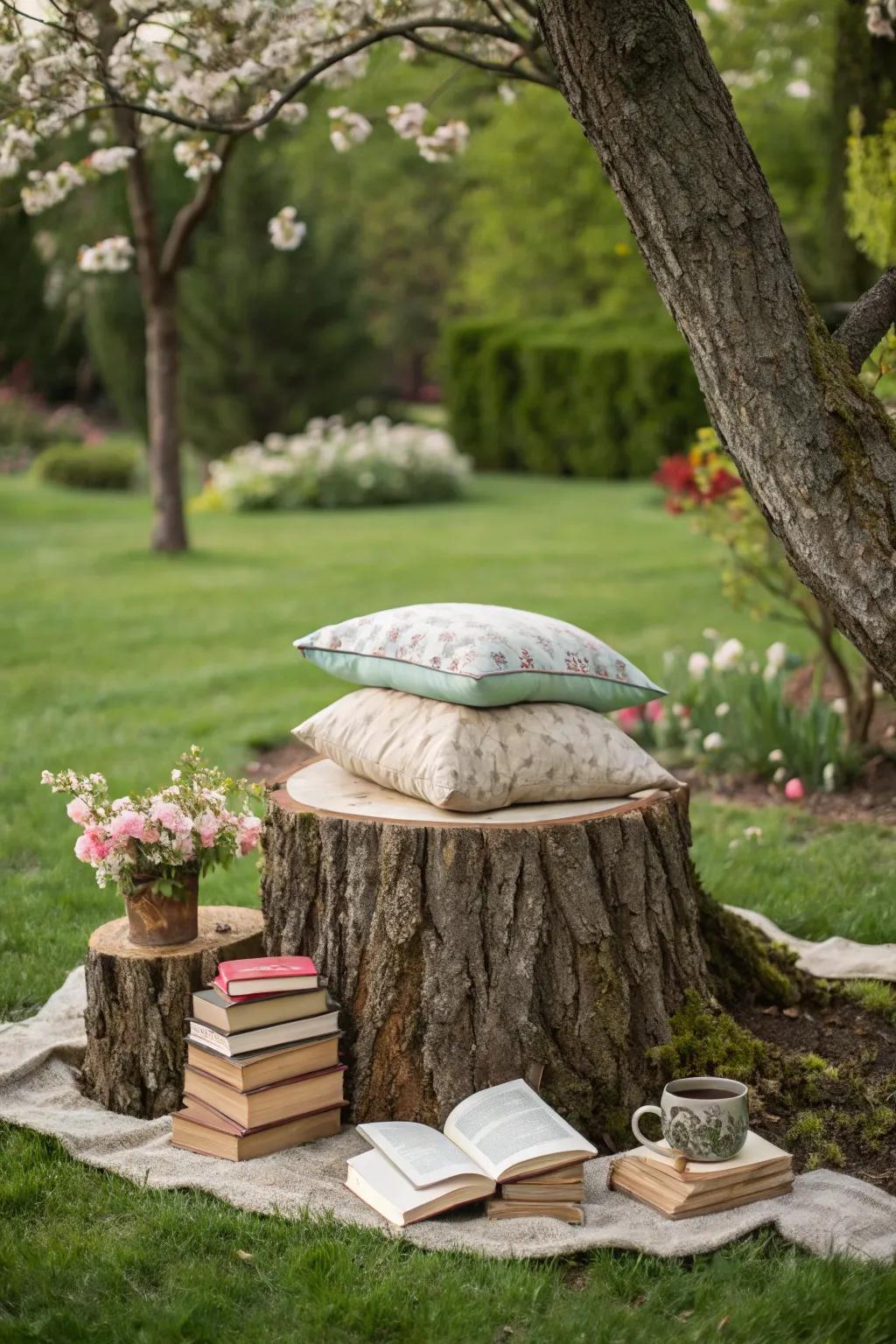 A tree stump becomes a cozy reading nook in the garden.