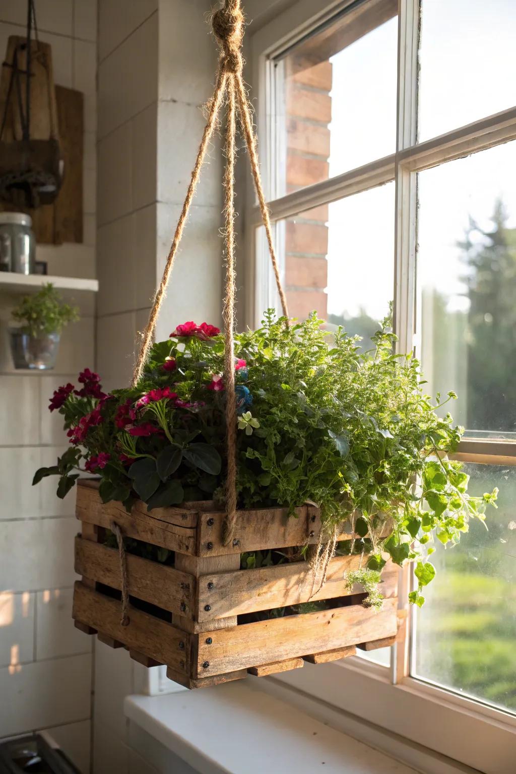 Elevate your space with a rustic hanging pallet planter—nature's elegance in a vertical display.