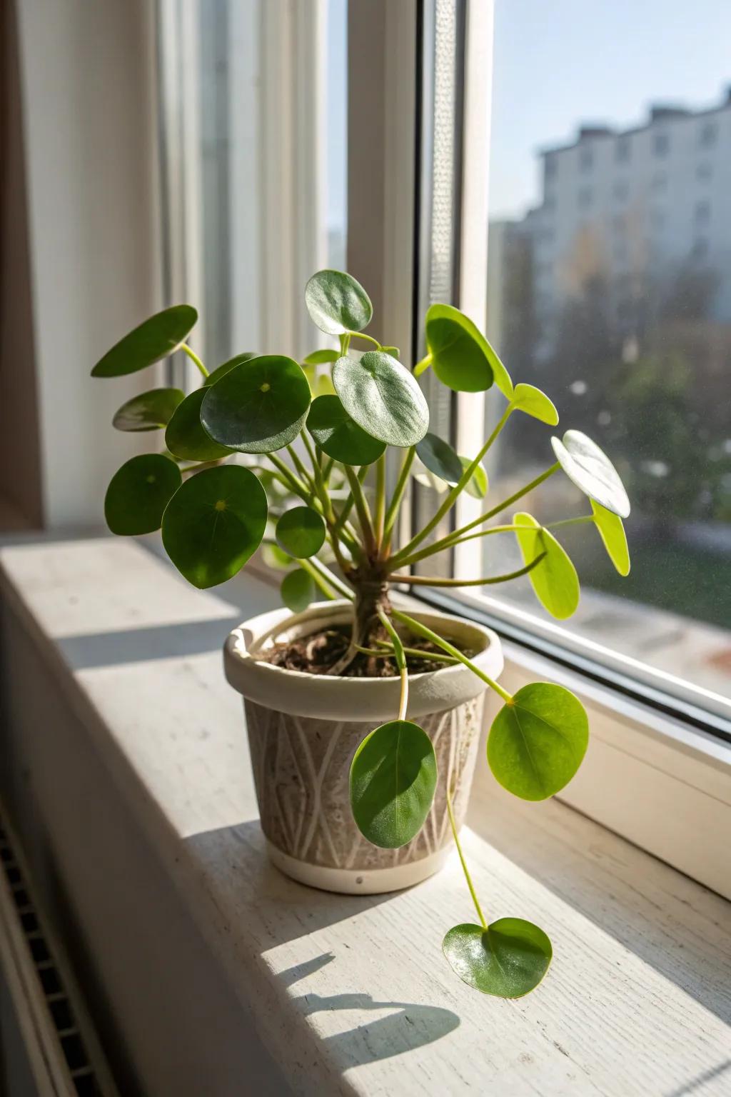 Pilea Peperomioides lending allure and persona to the windowsill.