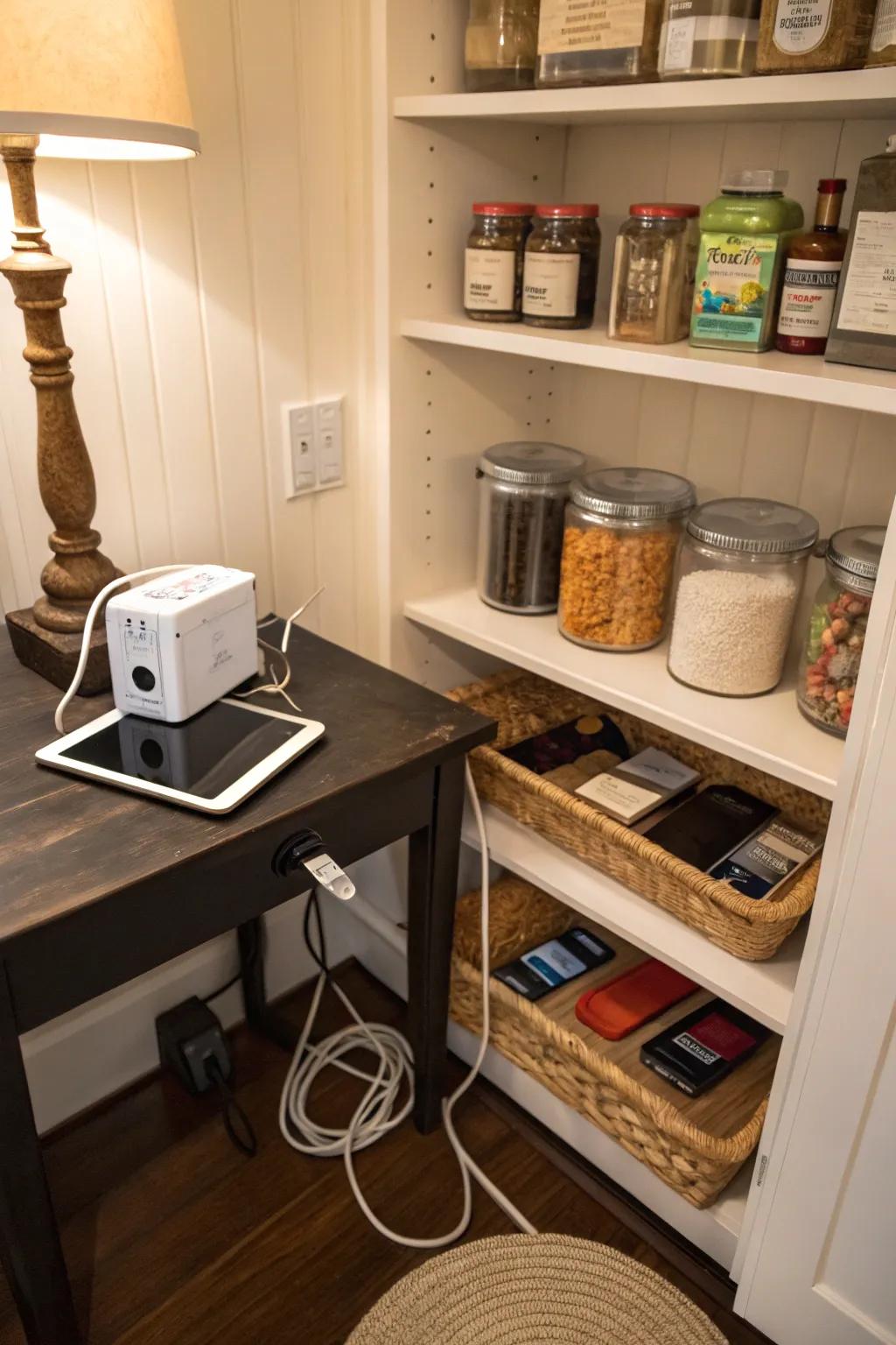 A small corner in the pantry serves as a family charging spot.