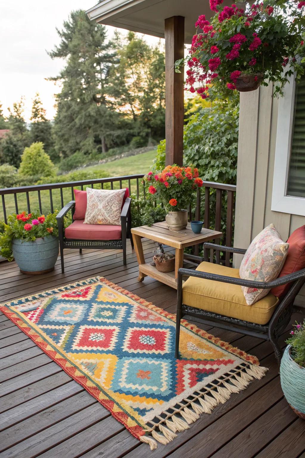 Define your deck with a vibrant outdoor rug.