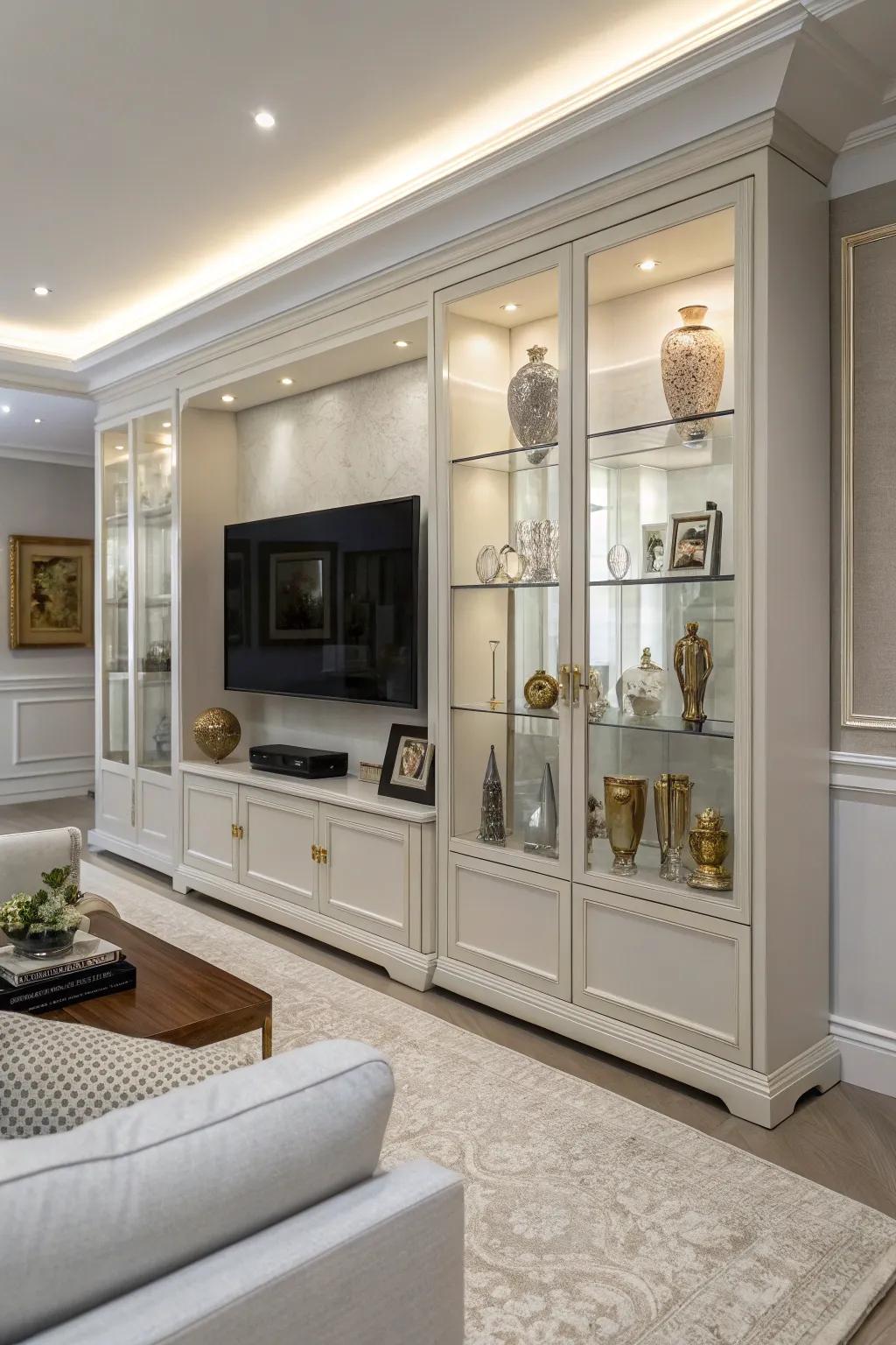 Glass cabinetry provides a sleek and modern showcase under your TV.