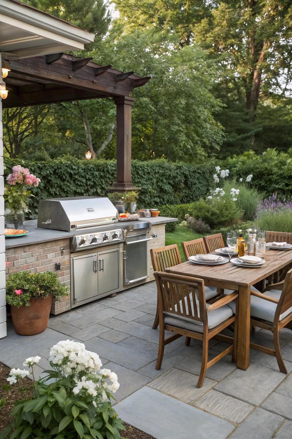 An exterior kitchen renders dining al fresco a joy.