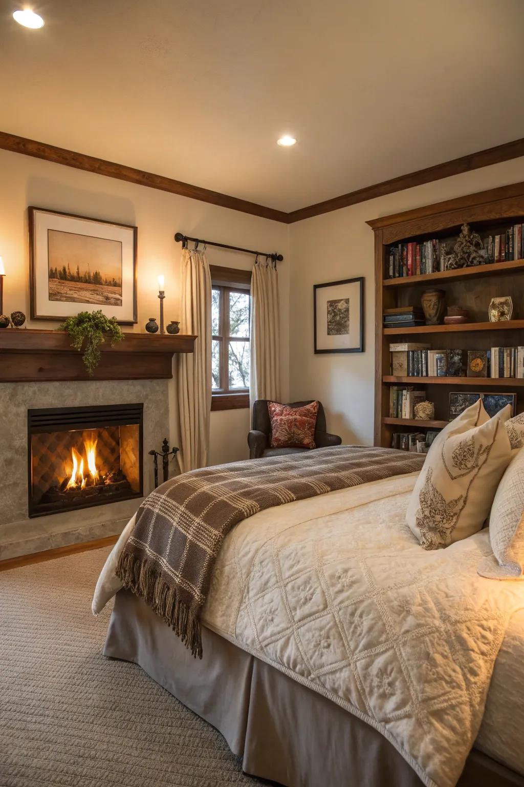 A sleeping quarters with a cozy fireplace, establishing a warm and welcoming atmosphere.