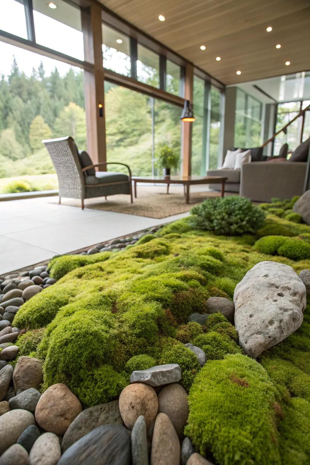 A mossy rock garden offers a soft, lush look to your decor.