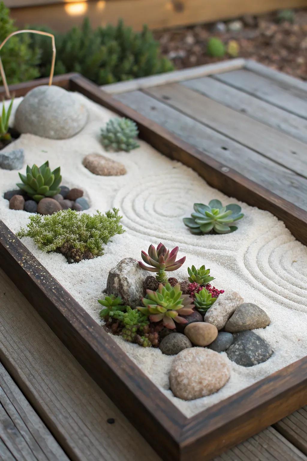 A succulent zen garden offers a touch of tranquility.