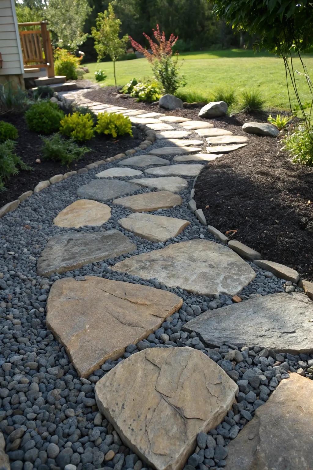Elevate your garden path with the timeless elegance of flagstone and gravel.