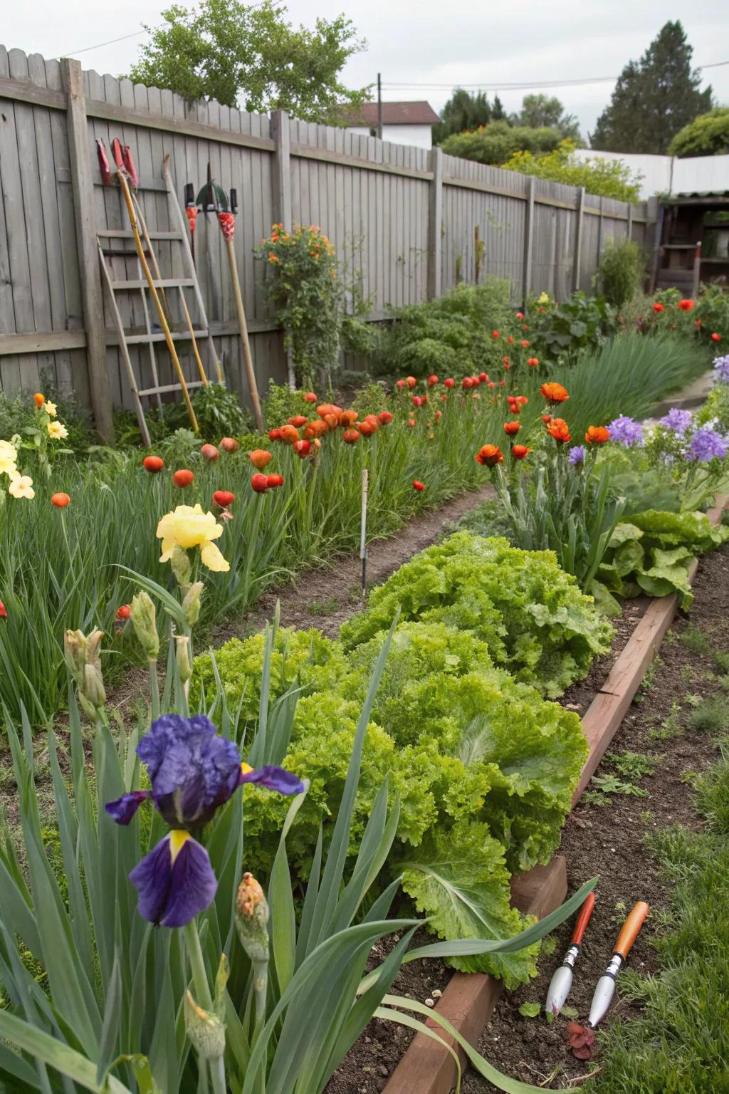 A garden blending irises with vegetables for beauty and function.