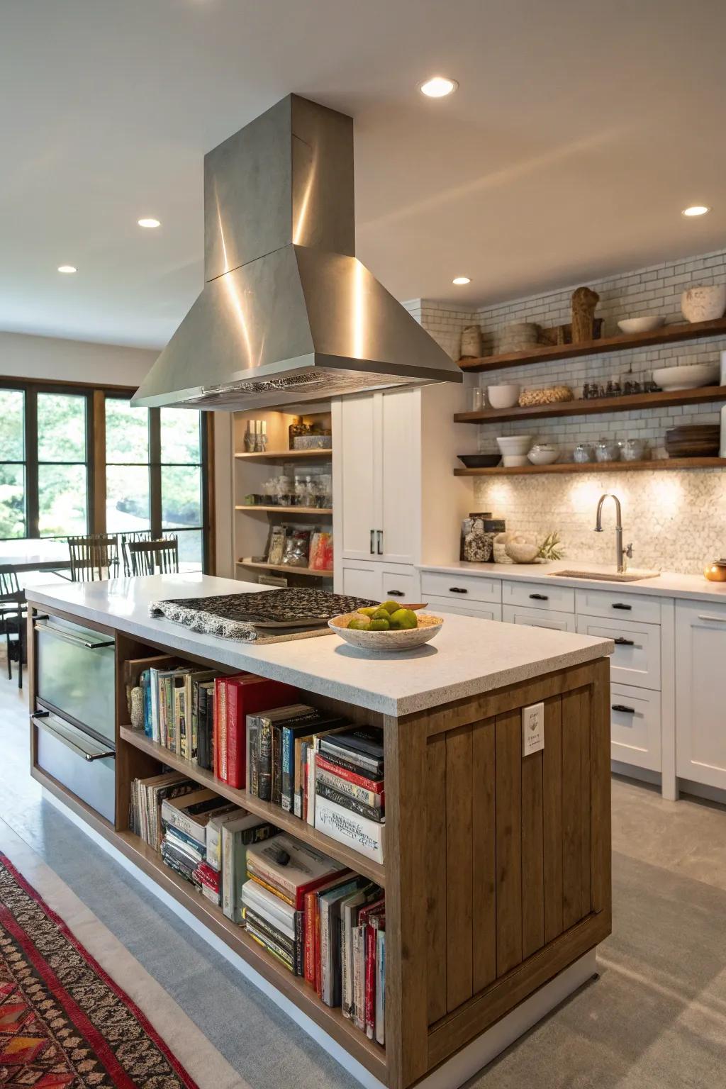 Built-in shelving on range hoods offers functionality and style.