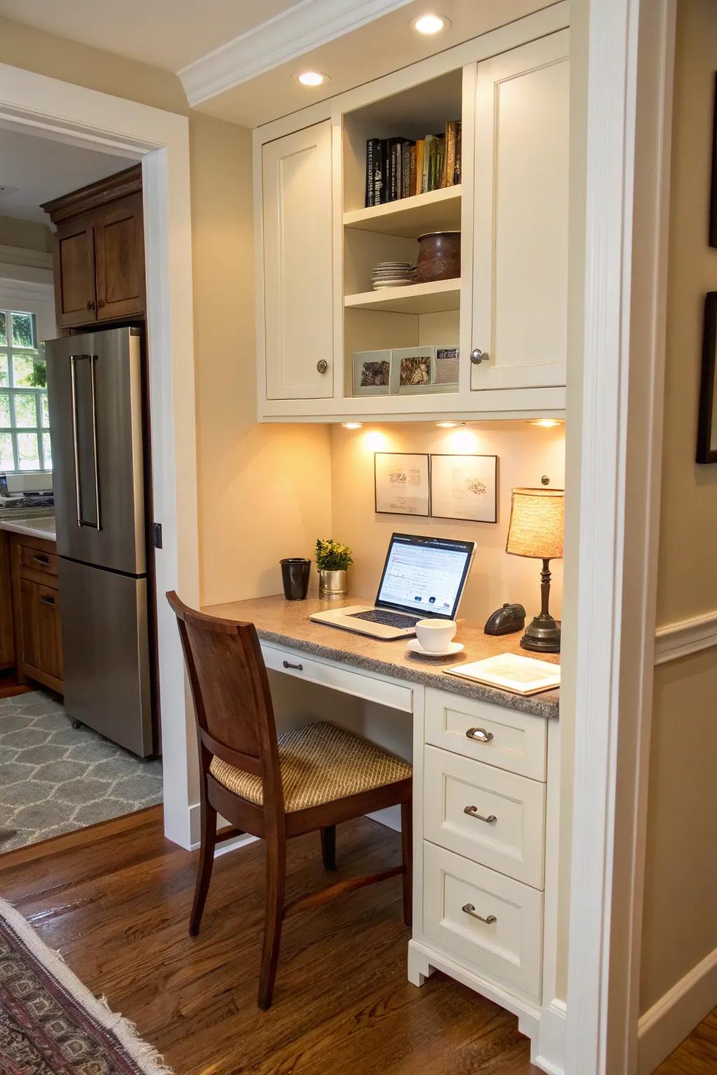 A hidden workspace cleverly tucked into the kitchen alcove.