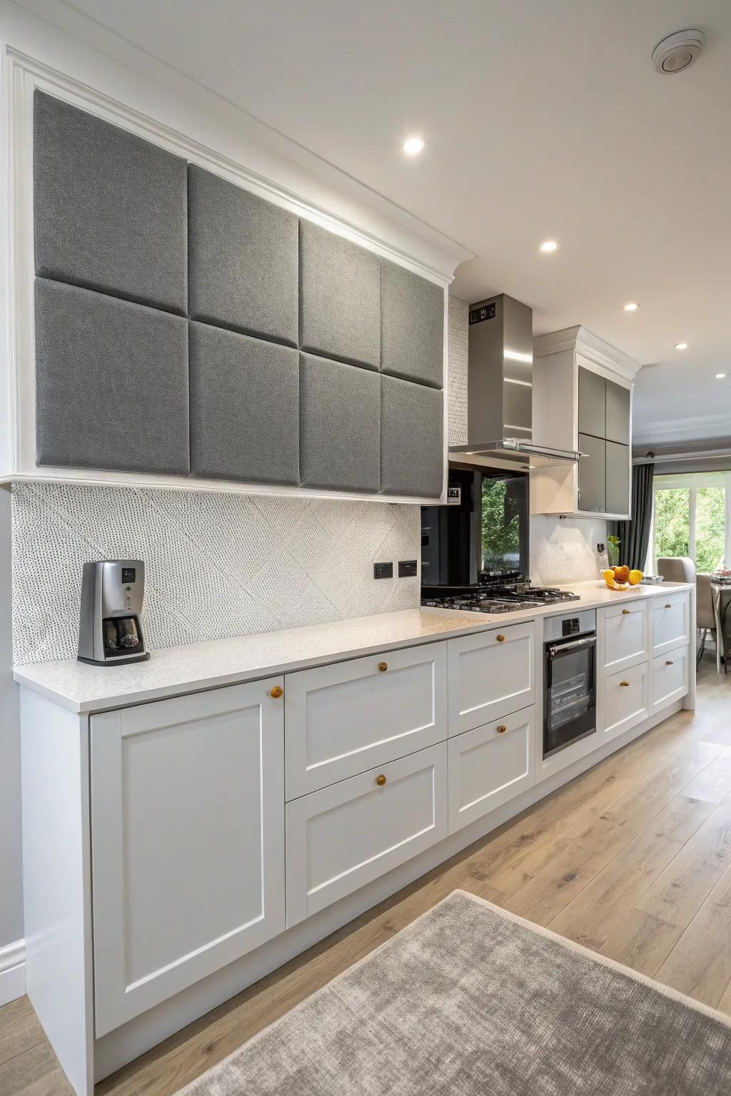 A bulkhead featuring acoustic panels to manage noise levels in the kitchen.