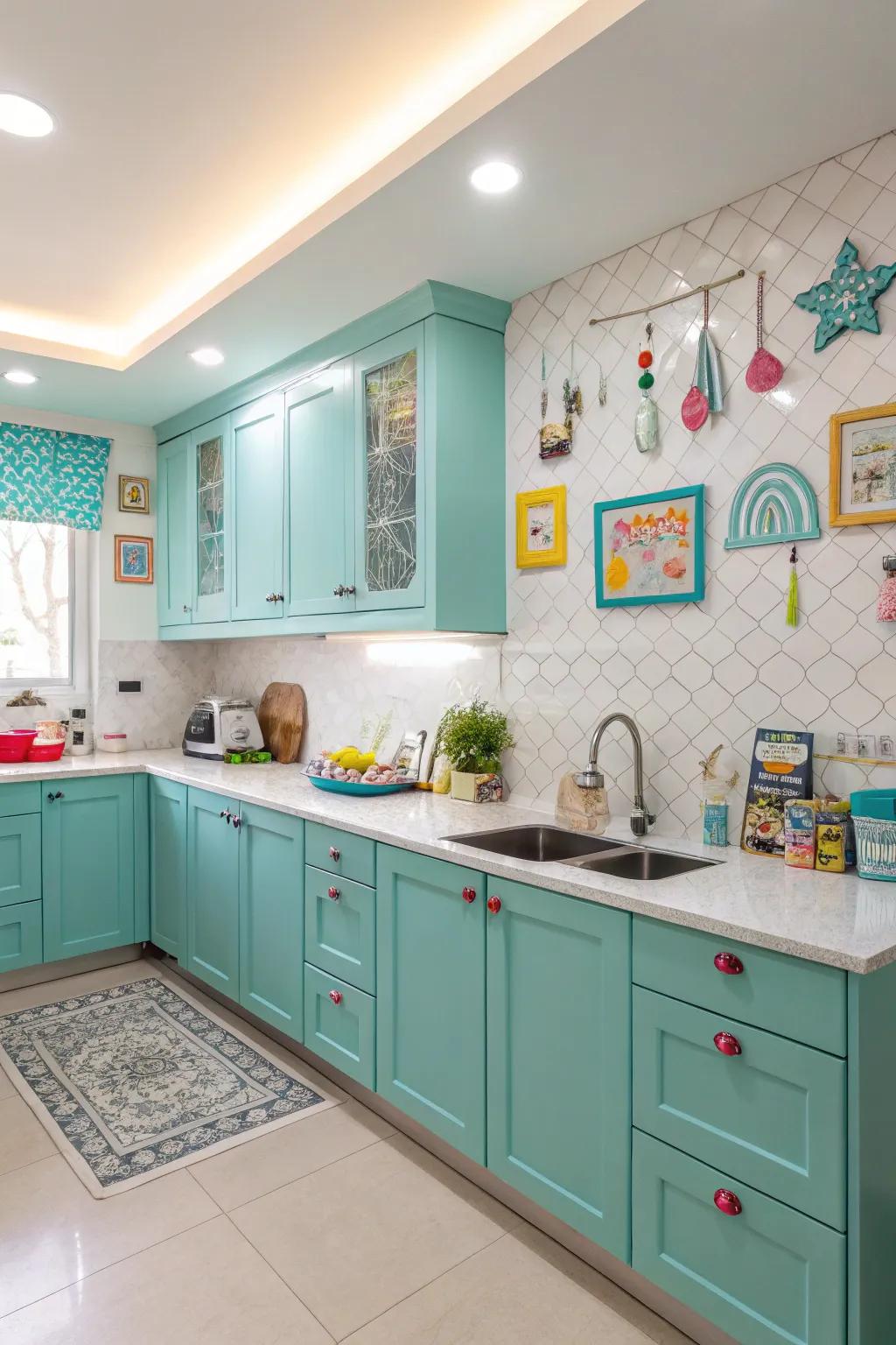 Teal cabinets bring a vibrant and playful energy to the kitchen.