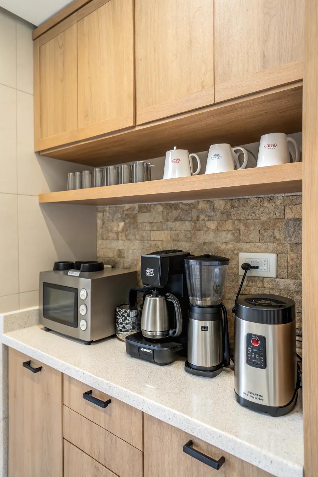 Small-scale appliances maximizing efficiency in a small coffee station.