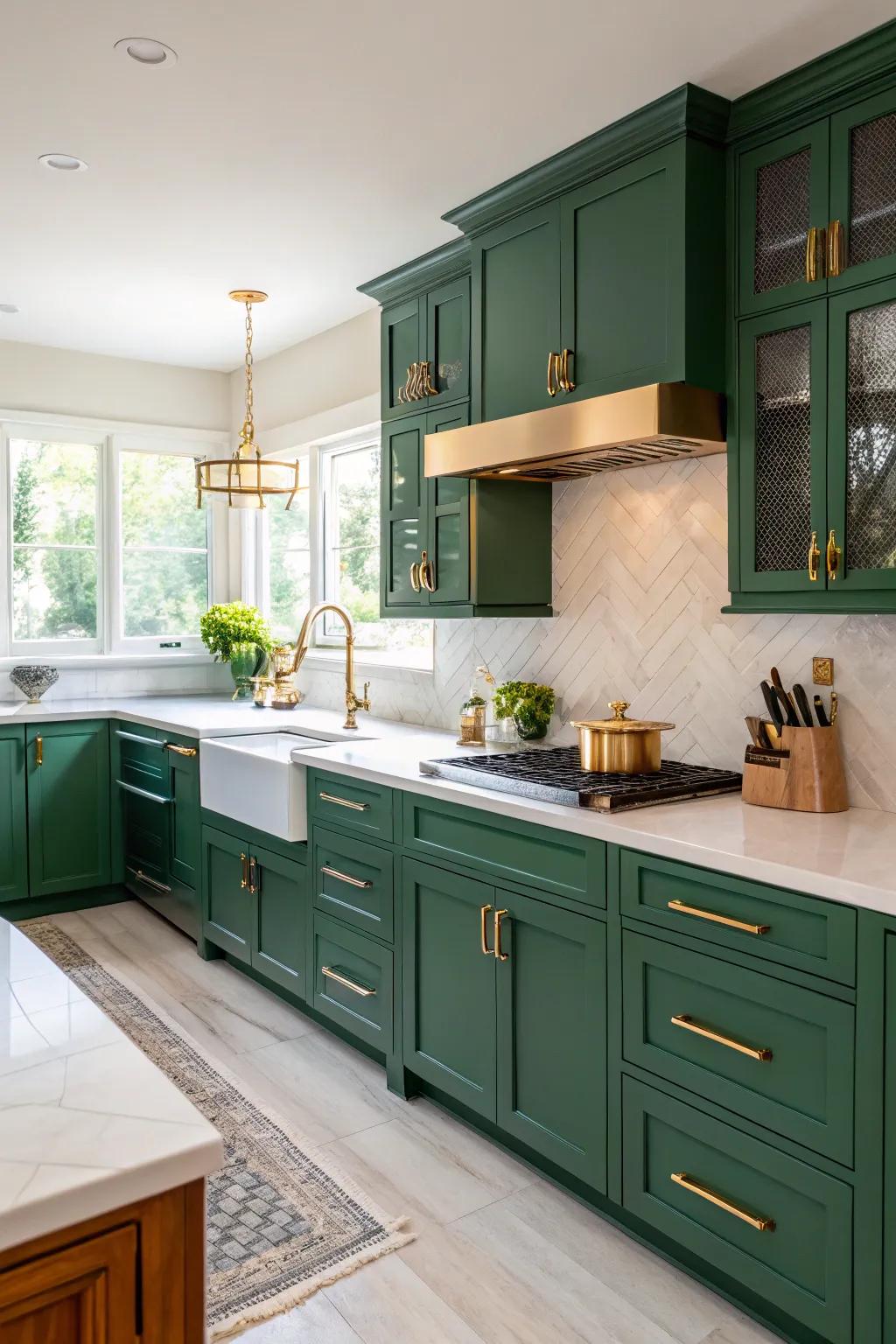 Refined forest green imparts a hint of luxury to the kitchen.