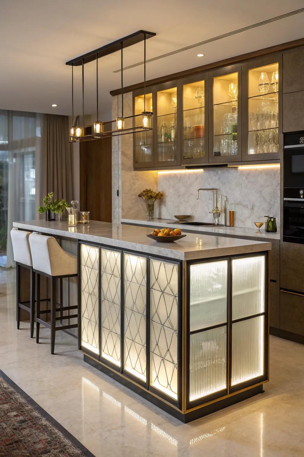 Glass panels foster a light-filled ambiance, enhancing the natural luminosity of this cooking island.