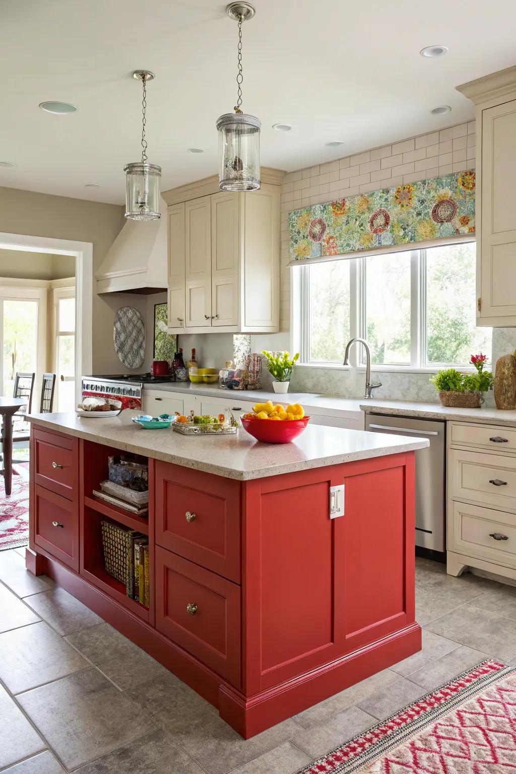 A bright ruby kitchen island stands out as a bold centerpiece in this vibrant kitchen.