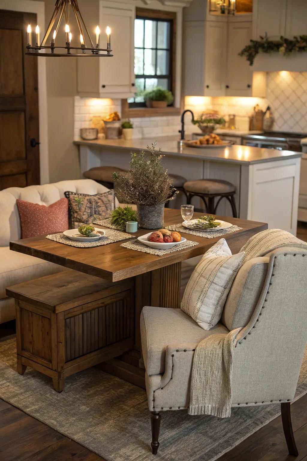 A cozy corner nook transforms an island into a gathering spot.