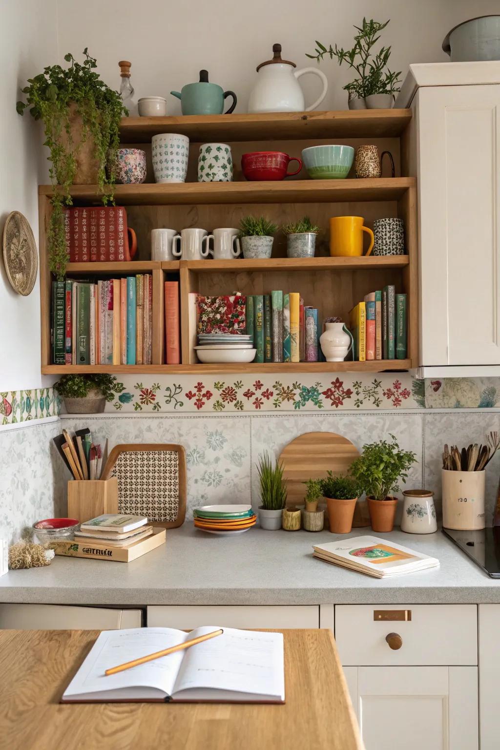 Open shelving offers functional and decorative storage in a kitchen office.