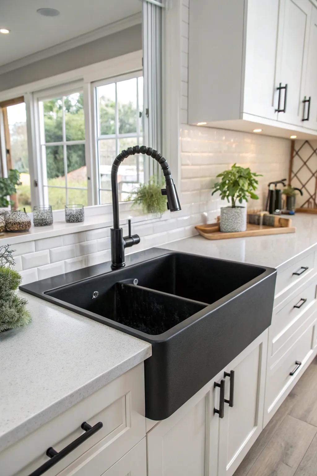 A contemporary kitchen showcasing a dramatic matte black sink.