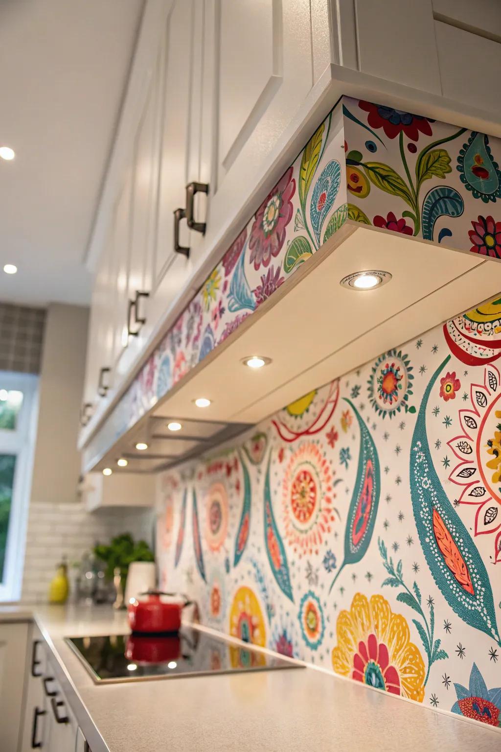Patterned wallpaper to add color to the kitchen.